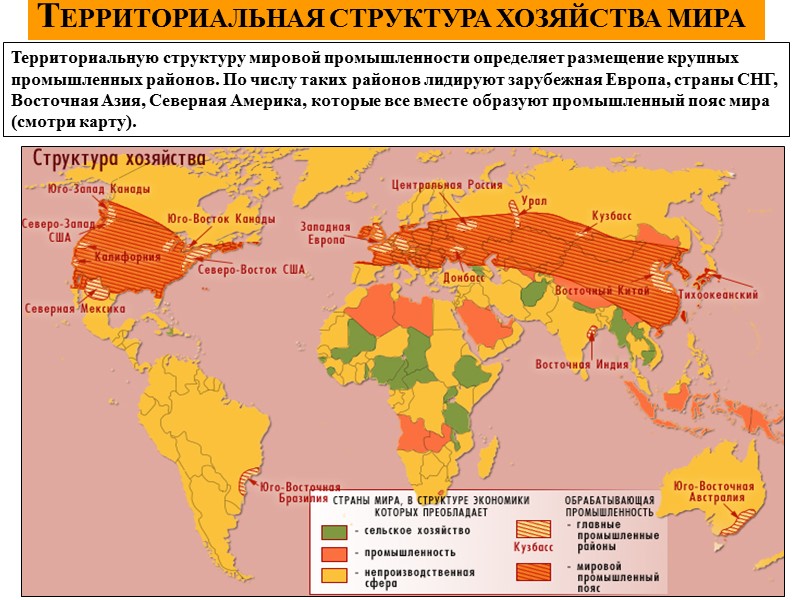 ТЕРРИТОРИАЛЬНАЯ СТРУКТУРА ХОЗЯЙСТВА МИРА Территориальную структуру мировой промышленности определяет размещение крупных промышленных районов. По
